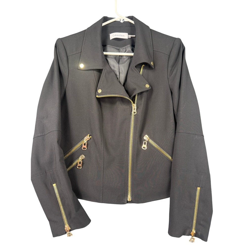 Calvin Klein Women's Black Gold Zip Jacket Gold Zip Asymmetric Blazer Size 10
